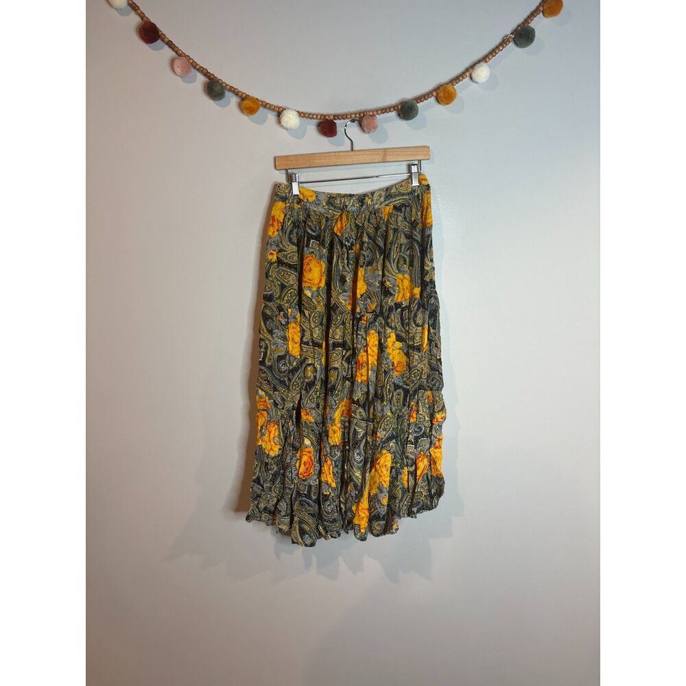 Vintage black and yellow gold patterned boho tiered midi skirt